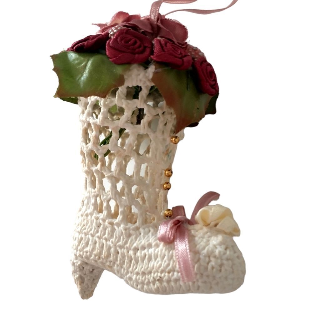 Vtg Crocheted Victorian Boot Ornament Crochet Shoe Starched Stiffened Floral 3D.